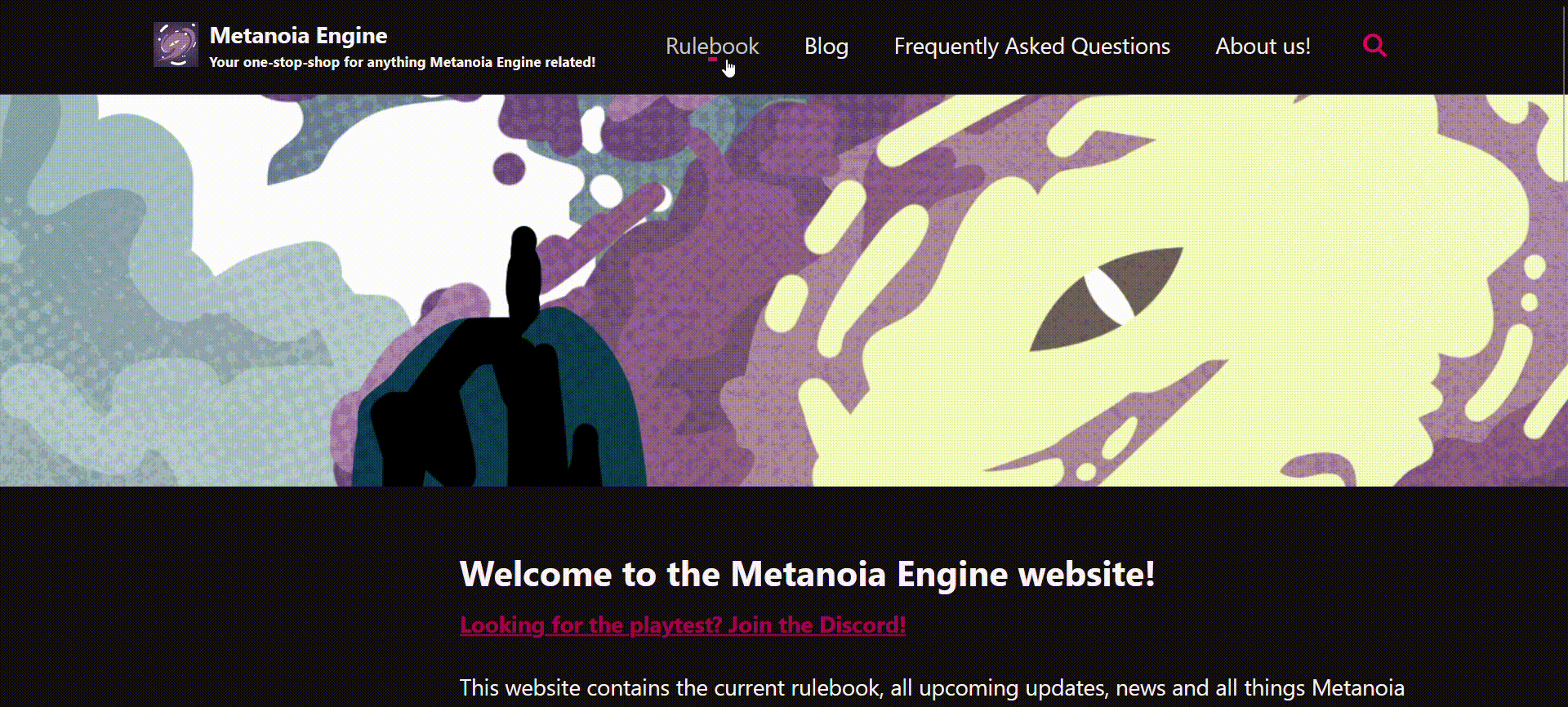 A small gif showing an example of the Metanoia Engine logo masthead redirecting to the main homepage
